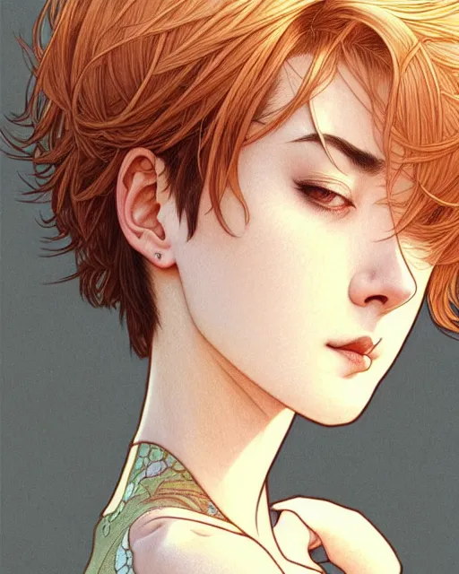 Image similar to ' bored woman with short hair ', closeup shot of face, beautiful shadowing, soft shadowing, reflective surfaces, illustrated completely, 8 k beautifully detailed pencil illustration, extremely hyper - detailed pencil illustration, intricate, epic composition, masterpiece, bold complimentary colors. stunning masterfully illustrated by artgerm, range murata, alphonse mucha, katsuhiro otomo.