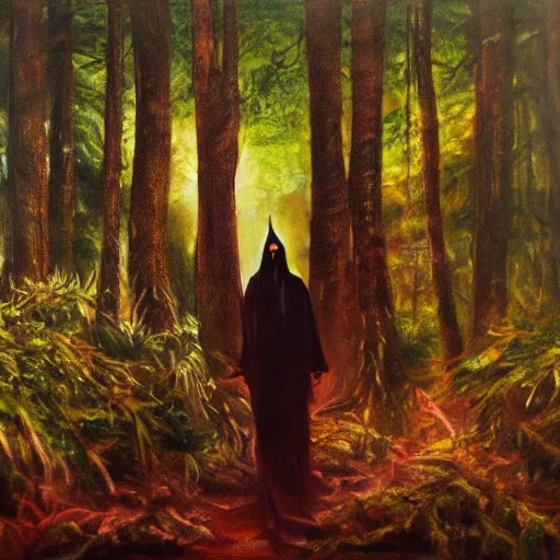 Prompt: warlock in the forest, realistic oil painting, dark light