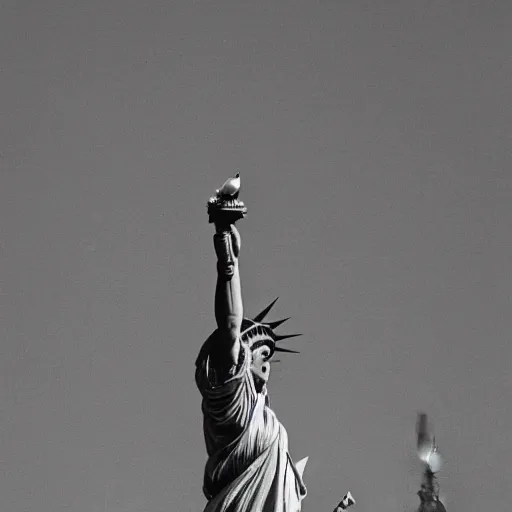 Prompt: the statue of liberty shaking her fist at the people below her, low - angle shot