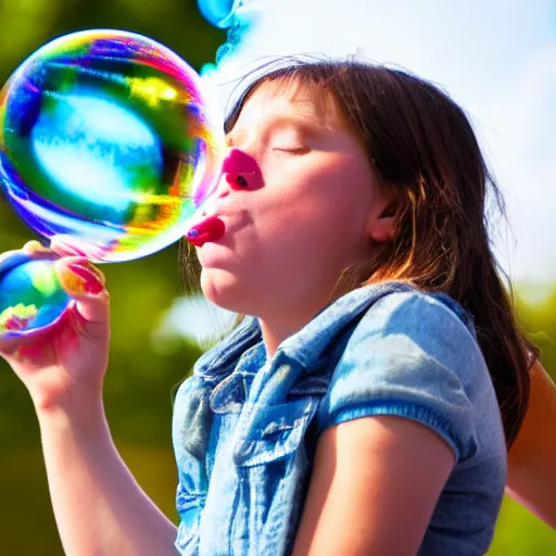 Image similar to A mom catching a girl blowing an enormous soap bubble, 8k