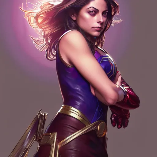 Prompt: Willa Holland as Super Girl, western, D&D, fantasy, intricate, elegant, highly detailed, digital painting, artstation, concept art, matte, sharp focus, illustration, art by Artgerm and Greg Rutkowski and Alphonse Mucha