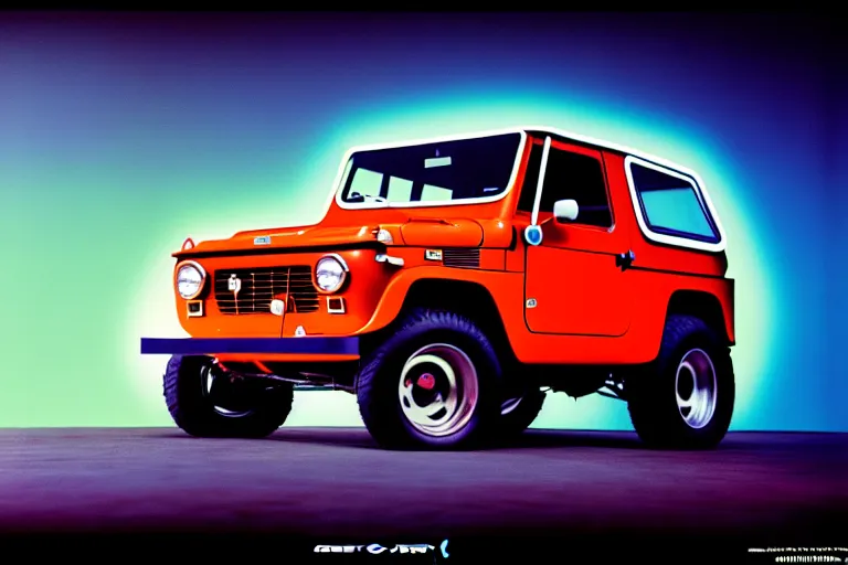 Prompt: designed by giorgetto giugiaro stylized poster of a single fj 4 0 concept, thick neon lights, ektachrome photograph, volumetric lighting, f 8 aperture, cinematic eastman 5 3 8 4 film