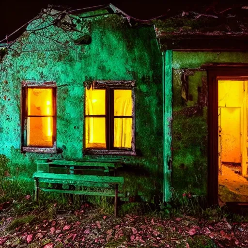 Prompt: abandoned cottage, green light emits from the windows, it is night time, dark, dark, dark