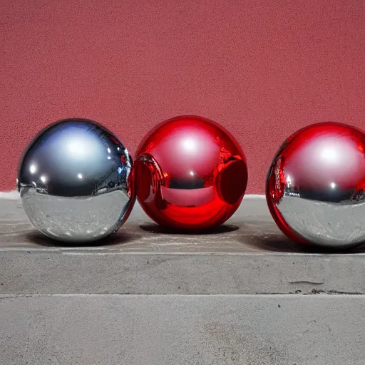 Prompt: chrome spheres on a red cube by john christian dahl