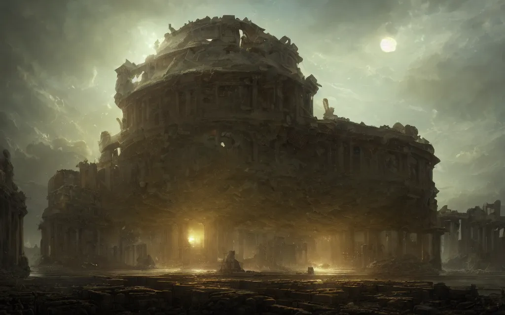 Image similar to longshot photograph of advanced civilization city ruins floating in a disc in the sky by hubert robert, lee madwick and bastien lecouffe - deharme, 8 k artstation, cinematic dramatic lighting, high contrast