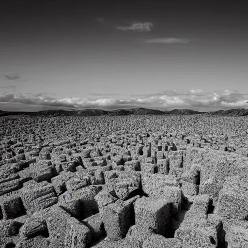 Prompt: photograph of a surrealist brutalist landscape, black and white, silver tone, high art 8k high definition