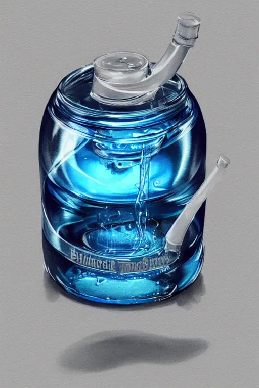 Image similar to concept art of a audemars piguet blue iridescent liquid dietary supplement in a transparent bottle with big black sticker on it by aenaluck, artgerm and roberto ferri and greg rutkowski, blue and white tones, digital painting, artstation, concept art, smooth, sharp foccus ilustration hq