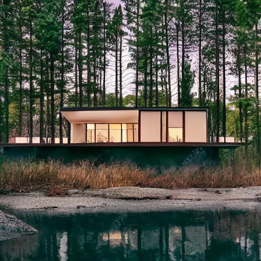 Image similar to wes anderson style modern futuristic house near the lake and forest, cinematic, realism, photo, detailed