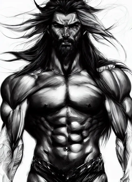 Image similar to Half body portrait of mature muscular man with long silver hair, half man half wolf. In style of Yoji Shinkawa and Hyung-tae Kim, trending on ArtStation, dark fantasy, great composition, concept art, highly detailed, dynamic pose.