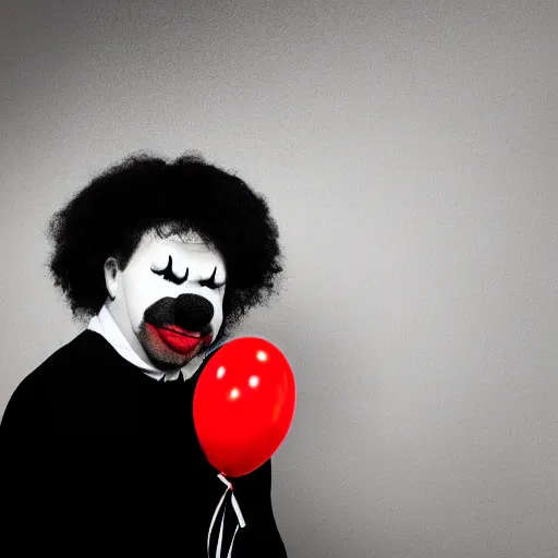 Image similar to a vintage studio portrait of a sad clown with balloons behind him, black background, chiaroscuro lighting, close up portrait, shallow depth of field, 8 0 mm, f 1. 8