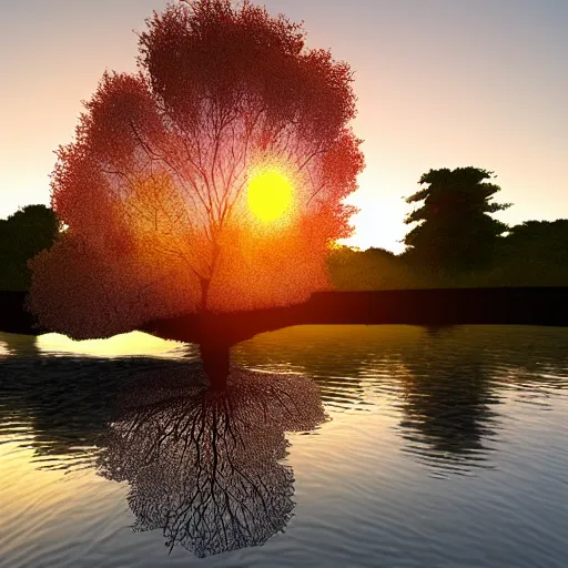 Prompt: a tree in a river, sunset, low poly