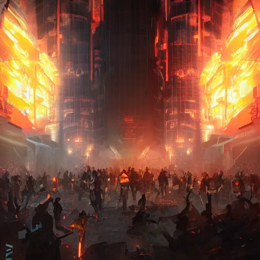 Image similar to human rights riot, detailed digital illustration by greg rutkowski, fire, android netrunner