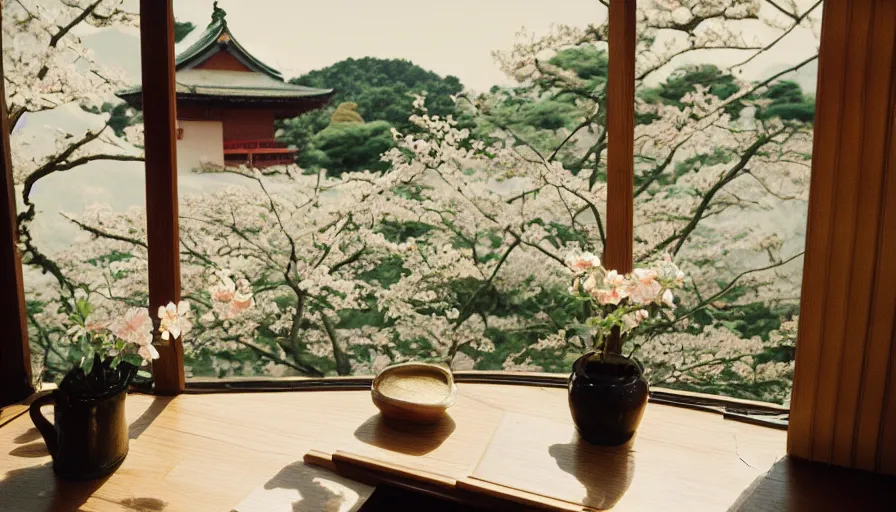 Image similar to 1 9 9 0 s candid 3 5 mm photo of a beautiful day in the a dreamy japanese flowery cottage, cinematic lighting, cinematic look, golden hour, a desk for flower arrangements has sun shinning on it through a window, temple in the distance, uhd