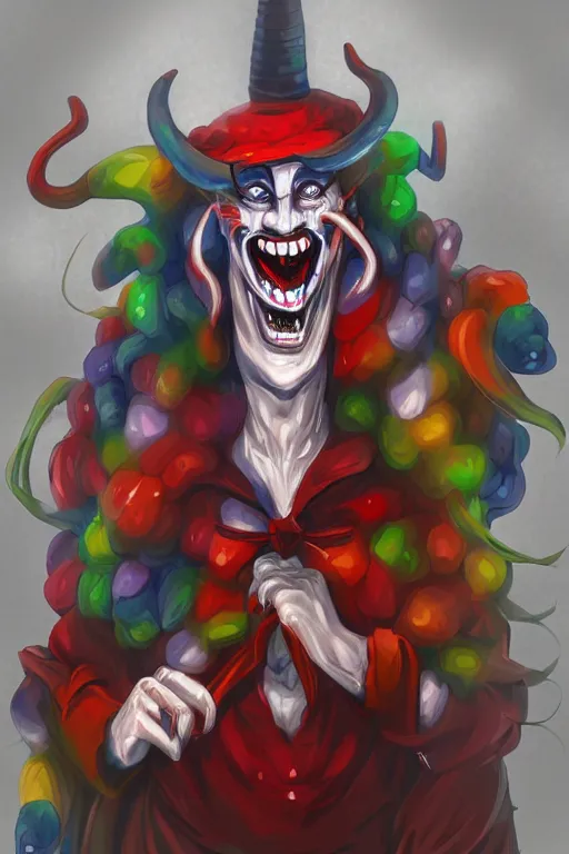 Image similar to a demon clown, highly detailed, digital art, sharp focus, trending on art station, anime art style