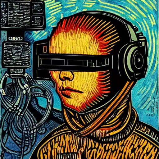 Image similar to Illustrated by Shepard Fairey and H.R. Giger | ((Cyberpunk Van Gogh with VR helmet, surrounded by cables))