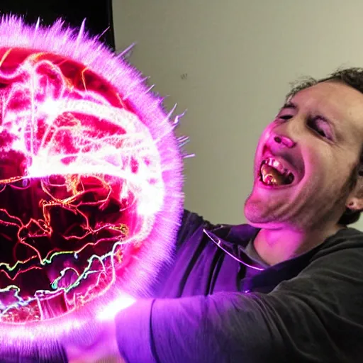 Image similar to Plasma globe exploding as a mad scientist laughs