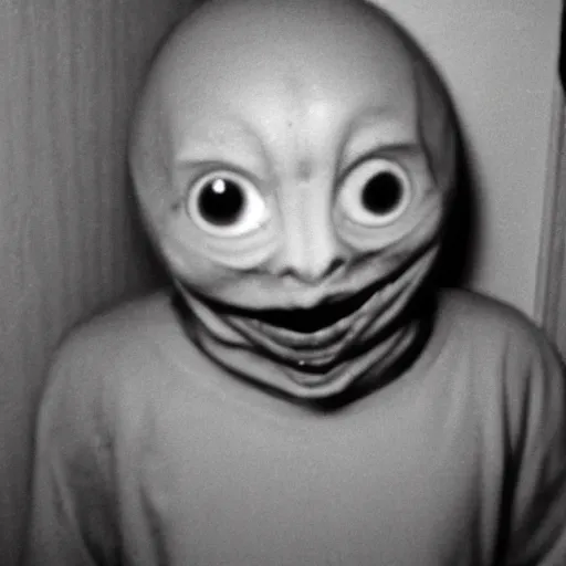 Prompt: humanoid ghost with an unnatural smile, it has huge eyes and is staring at the camera from the end of a dark hallway. caught on vhs, film grain,