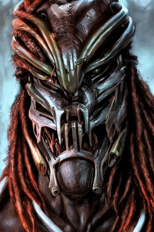 Image similar to predator 1 9 8 7 face redesign, portrait, highly detailed, dreadlocks, mandables, digital painting, trending on artstation, concept art, illustration