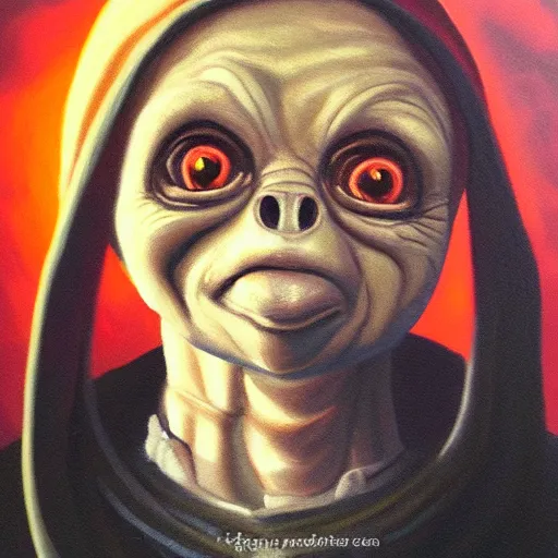 Prompt: high quality oil painting portrait of E.T. extra terrestrial in victorian manchester, dark background, high fantasy, perfect lighting