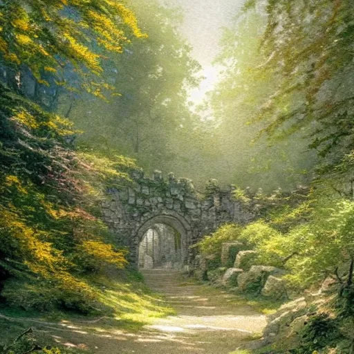 Prompt: a highly detailed watercolor painting by greg rutkowski and thomas kinkade of a stone path through a forest of green and yellow trees leading to a huge stone castle, highly detailed, watercolor, green, yellow, and grey color scheme