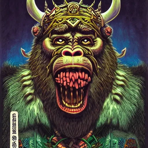 Image similar to barong family member, viking warrior, viking beard, reindeer horns, runic inscription, king kong, gorilla, wiwek, mara demon, one single tribe member, jungle, one single mask, dark, ancient warrior, tribal, inner glow, art by dan mumford and justin gerard and wayne barlowe and bob pepper