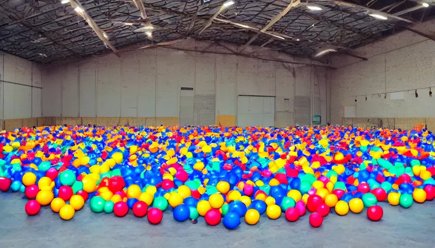 Image similar to an empty warehouse, in the middle is an inflatable kiddie pool filled with colorful plastic balls, grainy photo, liminal space