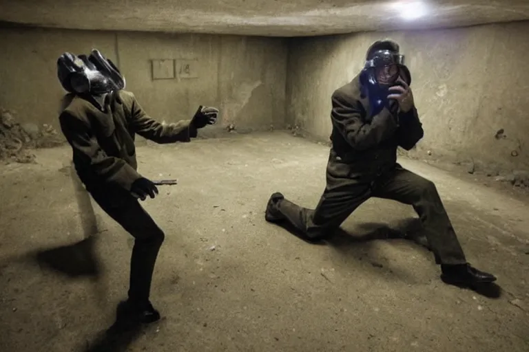 Prompt: madman in gasmask beats up mutants in soviet bunker