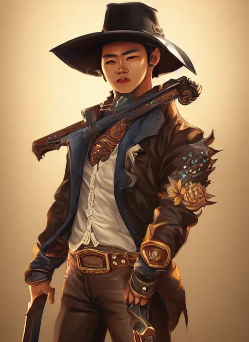Image similar to a highly detailed illustration of korean man as cowboy wearing black cowboy hat, dramatic wielding gun pose, perfect face, intricate, elegant, highly detailed, centered, digital painting, artstation, concept art, smooth, sharp focus, league of legends concept art, wlop