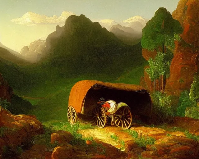 Image similar to a painting of a covered wagon traveling down a road by a mountain, lush countryside, early morning, thomas cole