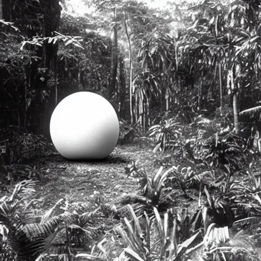 Prompt: a rizom lost film footage of a ( ( ( ( ( sphere ) ) ) ) ) in the middle of the tropical jungle / tribalism / film still / cinematic / enhanced / 1 9 2 0 s / black and white / grain