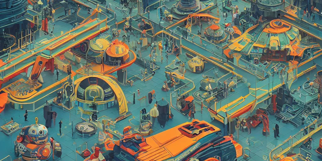 Image similar to a colorful futuristic marketplace, Industrial Star Wars Scifi, detailed illustration, character design, intricate, by Martin Grip, Wes Anderson, hieronymus bosch and Moebius