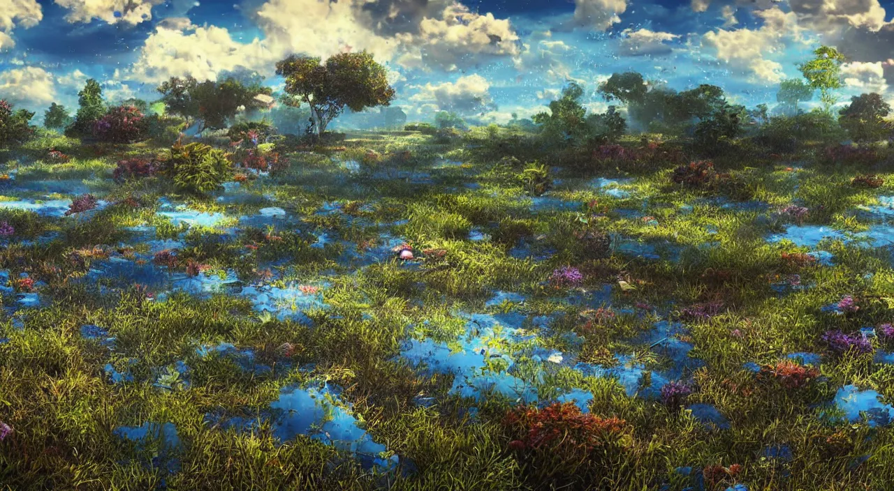 Image similar to very big raindrops floating in a perfect blue sunny sky above dead land, hyper detailed photorealistic, saturated colors