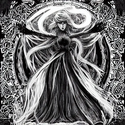 Prompt: black and white pen and ink!!!!!!! sorcerer beautiful attractive long hair Taylor Swift wearing High Royal flower print robes flaming!!!! final form flowing ritual royal!!! Contemplative stance Vagabond!!!!!!!! floating magic witch!!!! glides through a beautiful!!!!!!! Camellia!!!! Tsubaki!!! death-flower!!!! battlefield behind!!!! dramatic esoteric!!!!!! Long hair flowing dancing illustrated in high detail!!!!!!!! by Hiroya Oku!!!!!!!!! graphic novel published on 2049 award winning!!!! full body portrait!!!!! action exposition manga panel black and white Shonen Jump issue by David Lynch eraserhead and beautiful line art Hirohiko Araki!! Frank Miller, Kentaro Miura!, Jojo's Bizzare Adventure!!!! 3 sequential art golden ratio technical perspective panels horizontal per page