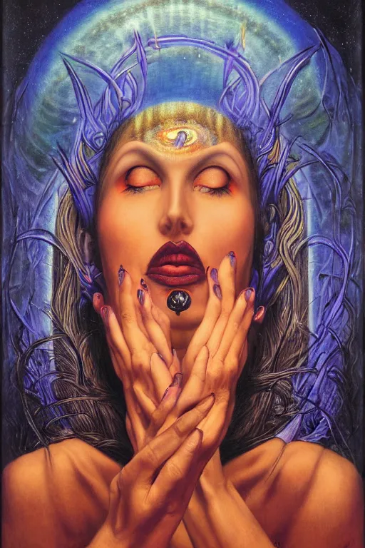 Image similar to mysterious intriguing woman performing third eye ritual, dark theme night time, expanding electric energy waves into the ethereal realm, epic surrealism 8k oil painting, realism portrait, perspective, high definition, post modernist layering, by Ernst Fuchs, Gerald Brom