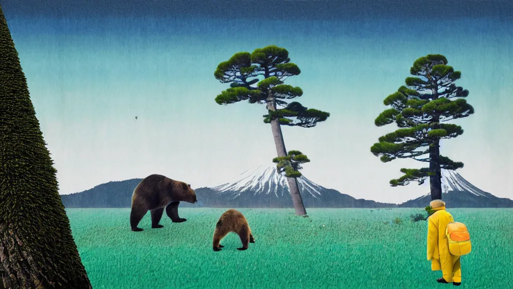 Image similar to seaside landscape with sequoia trees and a bear, japan, a collage painting, in the style of wes anderson, lola dupre, david hockney, isolated on negative white space background dark monochrome neon spraypaint accents volumetric octane render