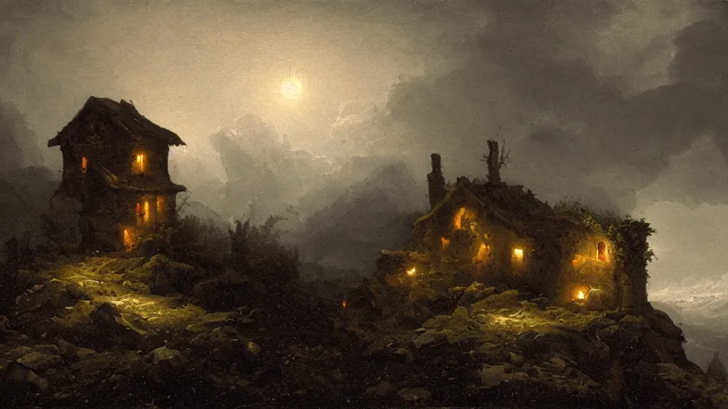 Image similar to A singular rotting cottage on a mountaintop at night, horror painting, by Hubert Robert, hyperrealistic, Blender 8k UHD