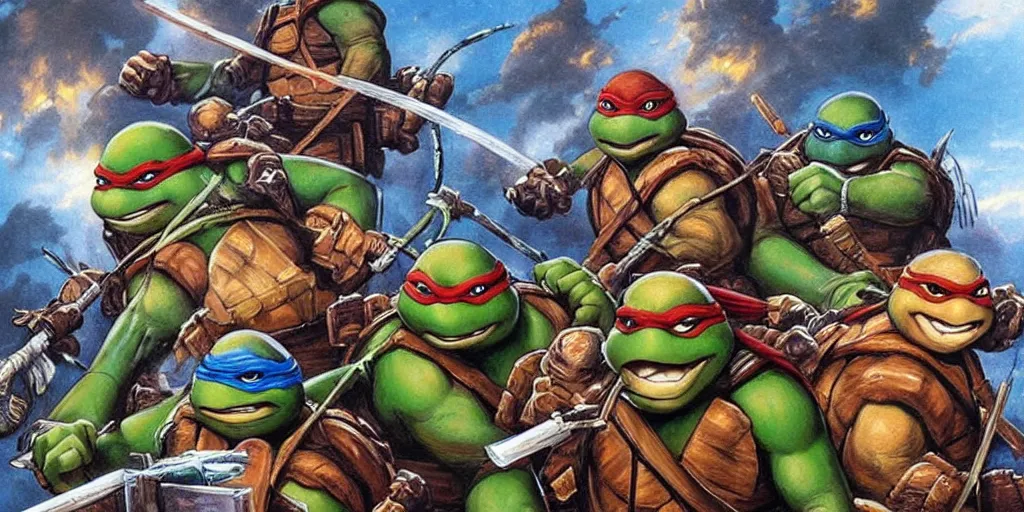 Prompt: Teenage Mutant Ninja Turtles, Painting by Thomas Kinkade