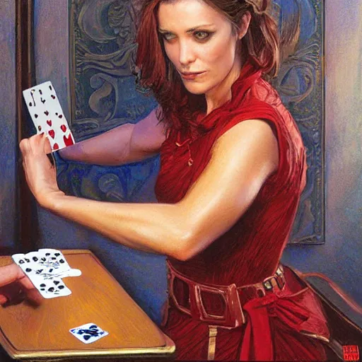 Image similar to woman using poker cards as weapons, by donato giancola