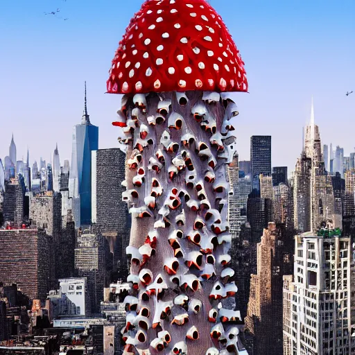 Image similar to a building of the shape of an amanita muscaria in the New York skyline, photorealistic