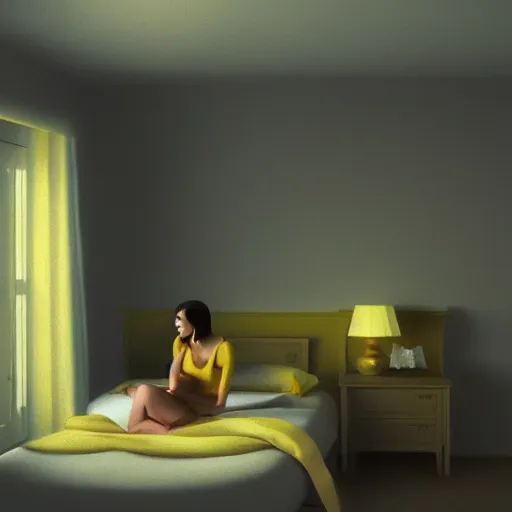 Image similar to A girl with dark hair in a yellow nightgown sits on a bed in a room with light gray walls, sunset light, by edward hopper. cinematic, hyper realism, high detail, octane render, 8k, iridescent accents