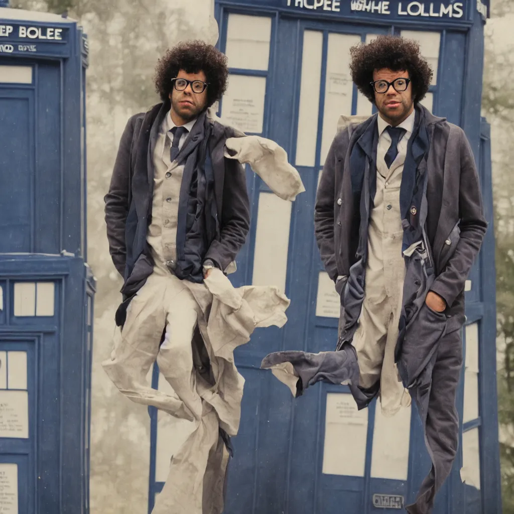 Prompt: A dslr portrait of Richard Ayoade as the Doctor, posing alone in front of Tardis, high quality 35mm film