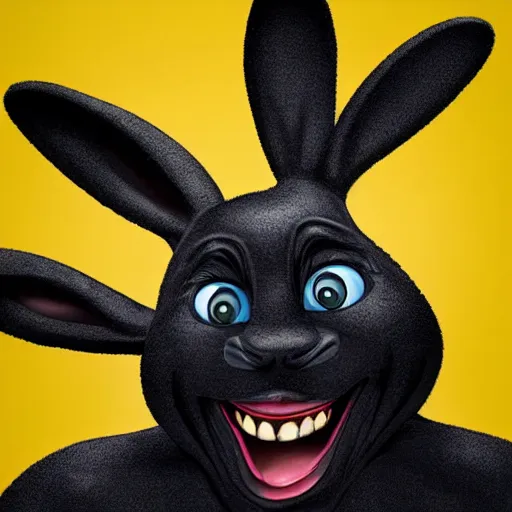 Image similar to A extremely highly detailed majestic hi-res beautiful, highly detailed head and shoulders portrait of a scary terrifying, horrifying, creepy maniacal crazy black cartoon rabbit with scary big eyes, earing a shirt laughing maniacally , let's be friends, in the style of a Walt Disney cartoon