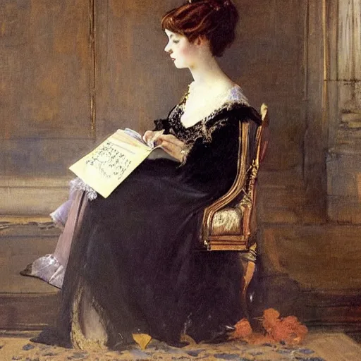 Image similar to young victorian lady in ball gown falling asleep while reading a book, painted by alfred stevens