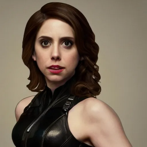 Image similar to alison brie as black widow, intricate, elegant, highly detailed, richard schmid