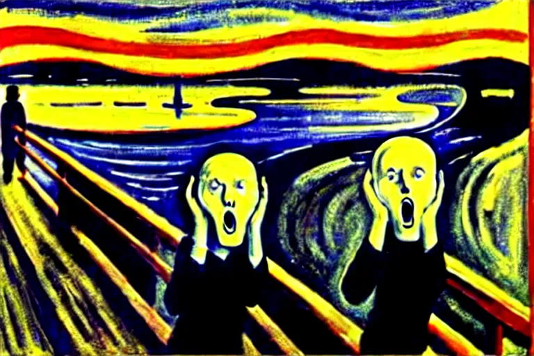 Prompt: Edvard Munch's 'the scream but with mark zuckerberg', painting, expressionism,