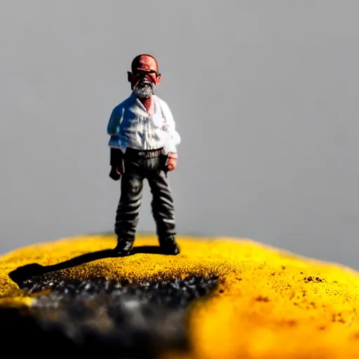 Prompt: macro photo of a miniature walter white figure, canon 8 0 d, canon 1 0 0 mm f / 2. 8, 4 k,