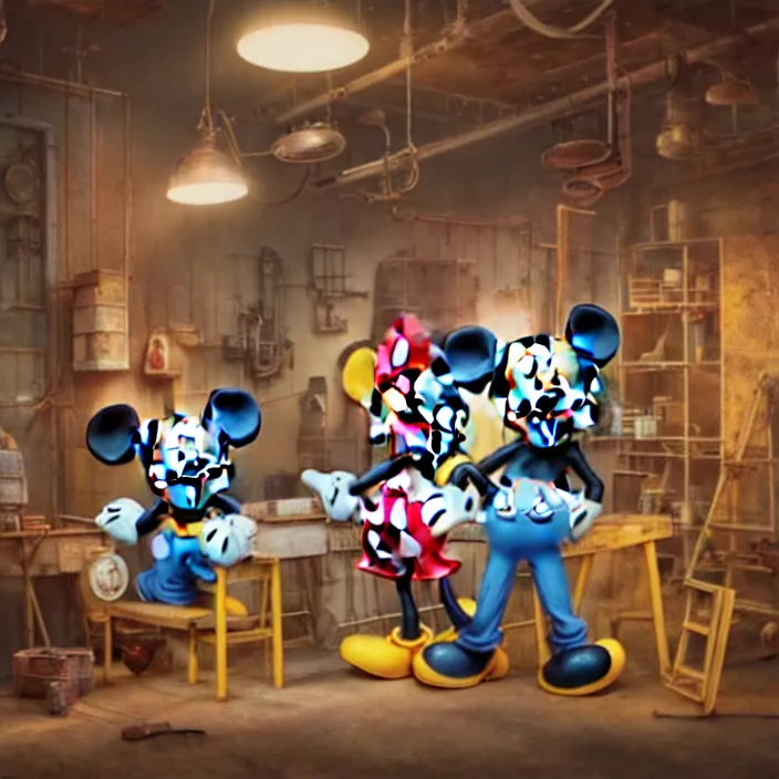 Prompt: crew of workers building giant mickey mouse - prop - head in quaint workshop, octane render, 4 k ultra hd, hyper - detailed, realistic, seedy lighting, sharp focus, in style of beeple