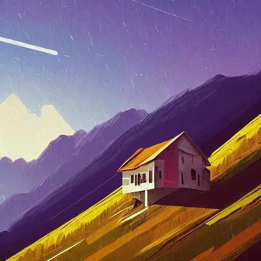 Prompt: a two storey house, old, mountains in background by alena aenami, alena aenami style digital art, vibrant, lanscape, digital, detailed