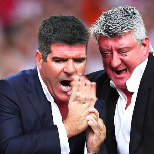 Prompt: simon Cowell shouting at Steve Bruce, photo realistic