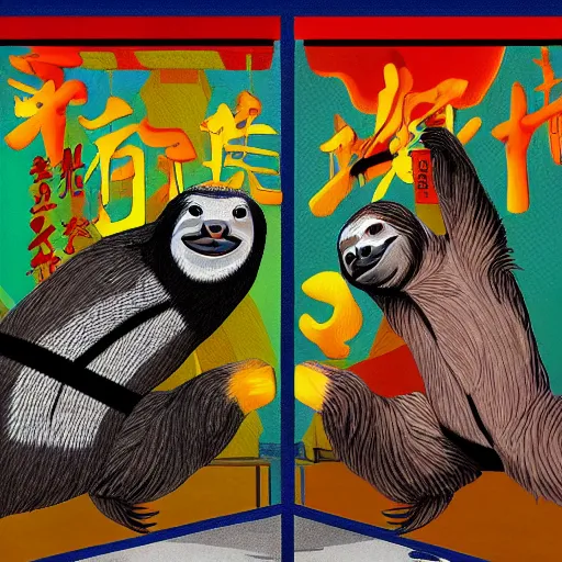 Image similar to painting of a sloth vs pigeon kung fu style in a dojo, facing each other, aggressive sloth vs a muscled pigeon, best photo award, high quality 8 k, cinematic lighting, painting by kusama, high detail, realism : 9 5 %